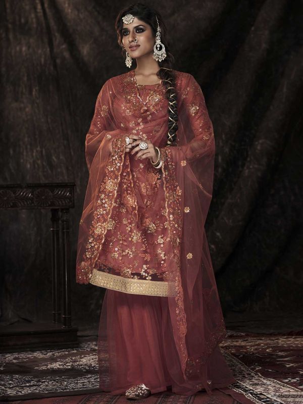 Rust Colour Designer Sharara Salwar Kameez in Net Fabric.