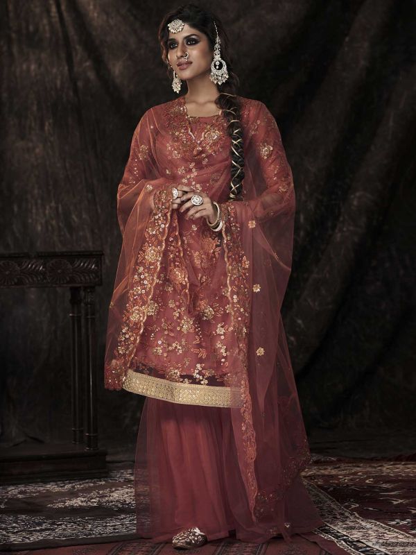 Rust Colour Designer Sharara Salwar Kameez in Net Fabric.