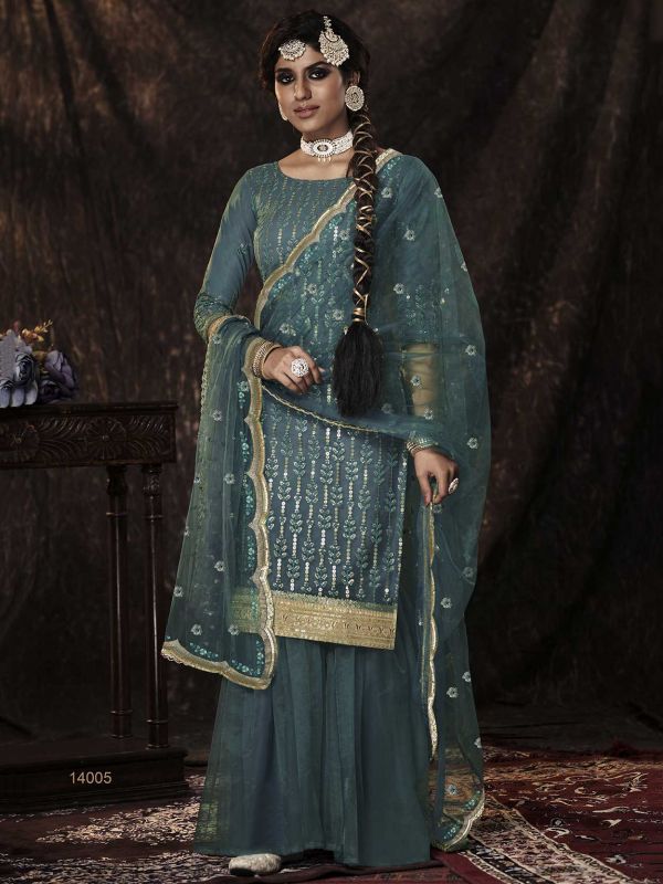 Dark Firozi Colour Net Fabric Sharara Salwar Suit.