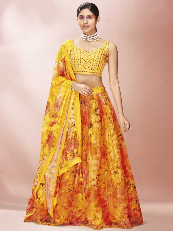 Yellow,Orange Colour Women Lehenga Choli in Organza Fabric.