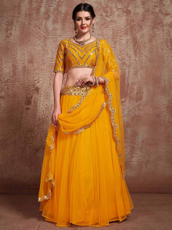 Mastuard Yellow Colour Net Fabric Designer Lehenga Choli.