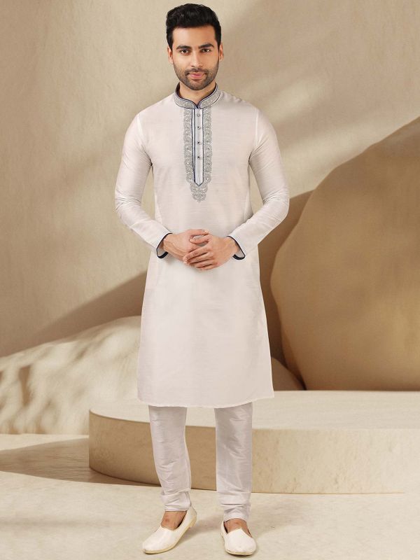 Off White Colour Mens Kurta Pajama in Banarasi Silk Fabric.