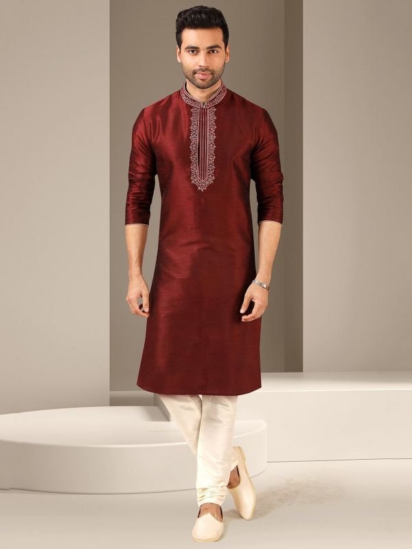 Wine Colour Party Wear Kurta Pajama.