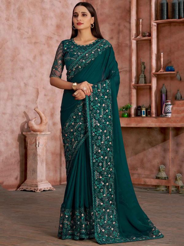 Rama Green Colour Satin,Georgette Fabric Women Saree.