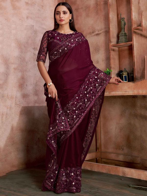 Wine Colour Party Wear Saree in Satin,Georgette Fabric.