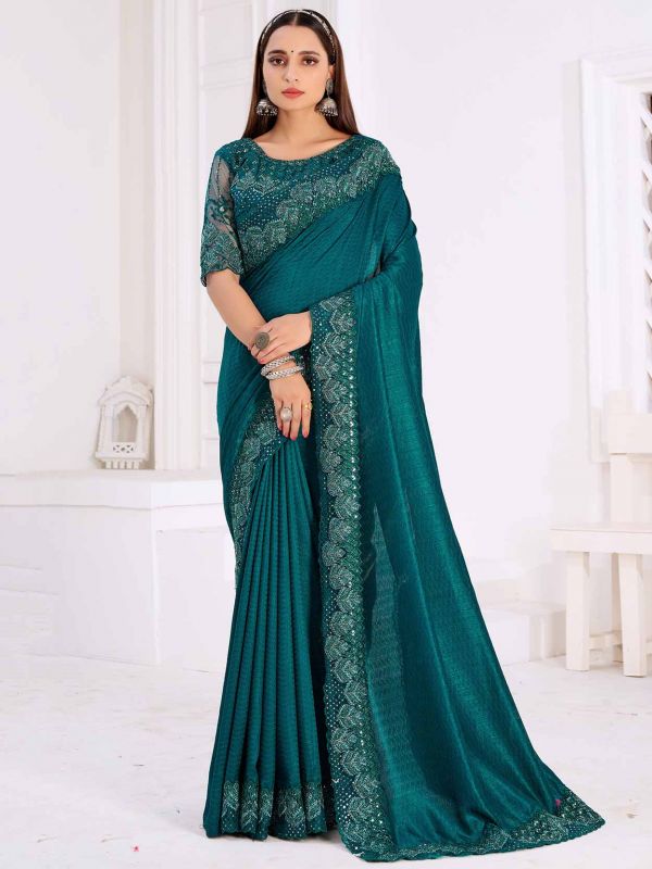 Rama Green Colour Designer Saree in Satin,Georgette Fabric.