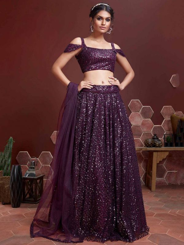 Purple Colour Net Fabric Designer Lehenga.
