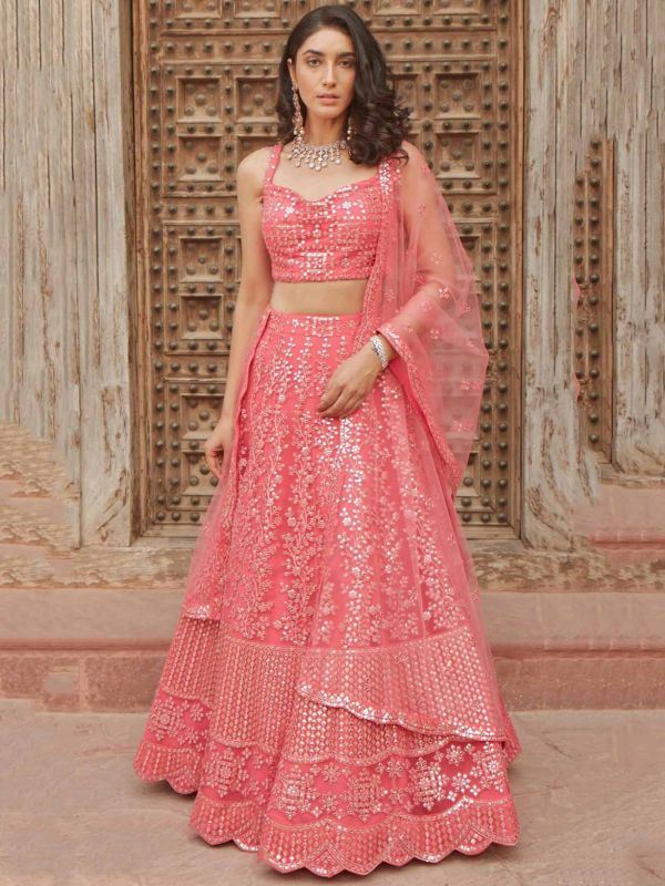 Organza Fabric Indian Designer Lehenga Choli Pink Colour.