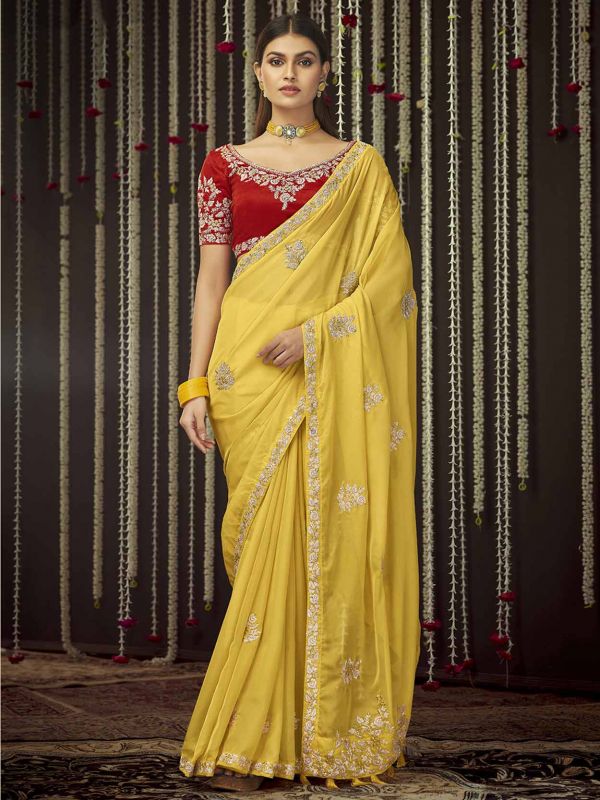Mustard Yellow Colour Organza Fabric Designer Saree.