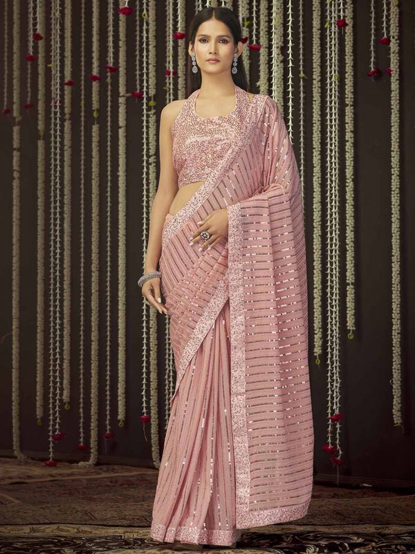 Baby Pink Colour Indian Wedding Saree in Georgette Fabric.