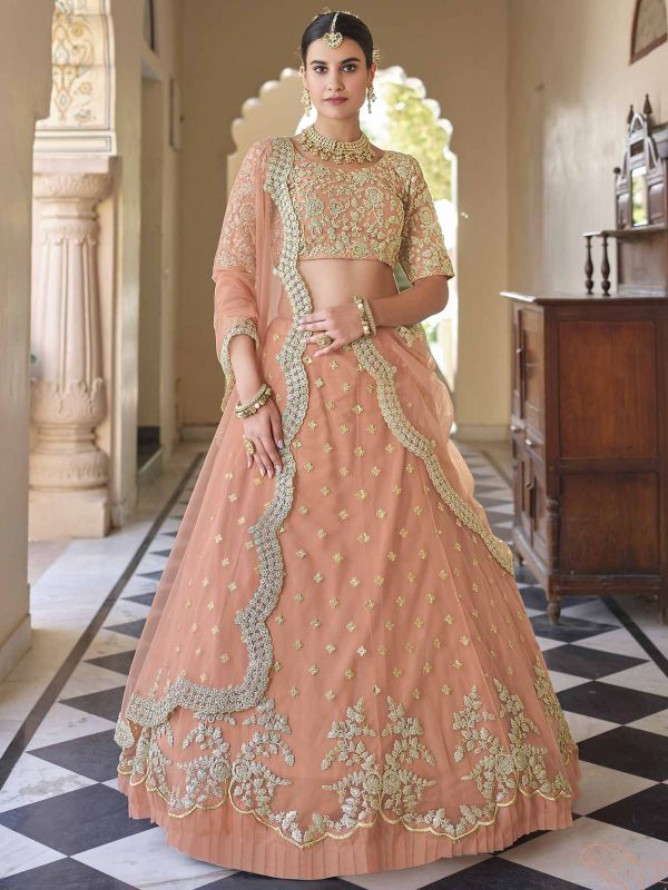 Peach Colour Women Lehenga Choli in Net Fabric.