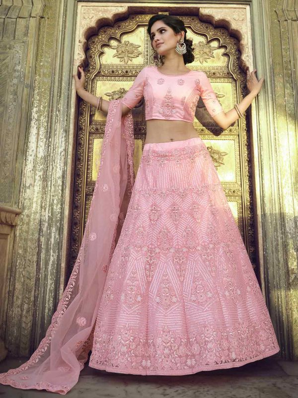 Pink Colour Net Fabric Wedding Lehenga Choli.