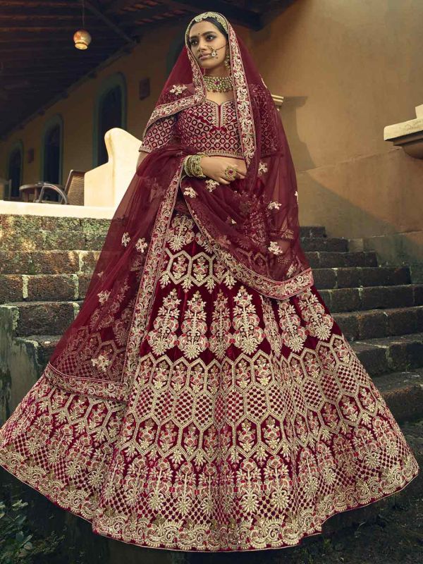 Maroon Colour Designer Lehenga Choli in Velvet Fabric.