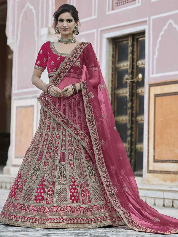 Pink Colour Wedding Lehenga Choli in Velvet Fabric.