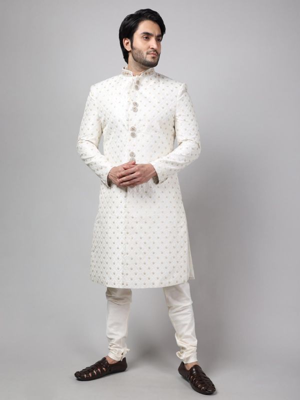 Off White Colour Cotton,Silk Fabric Wedding Sherwani.