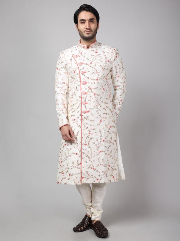 Off White Colour Cotton,Silk Fabric Indian Designer Sherwani.