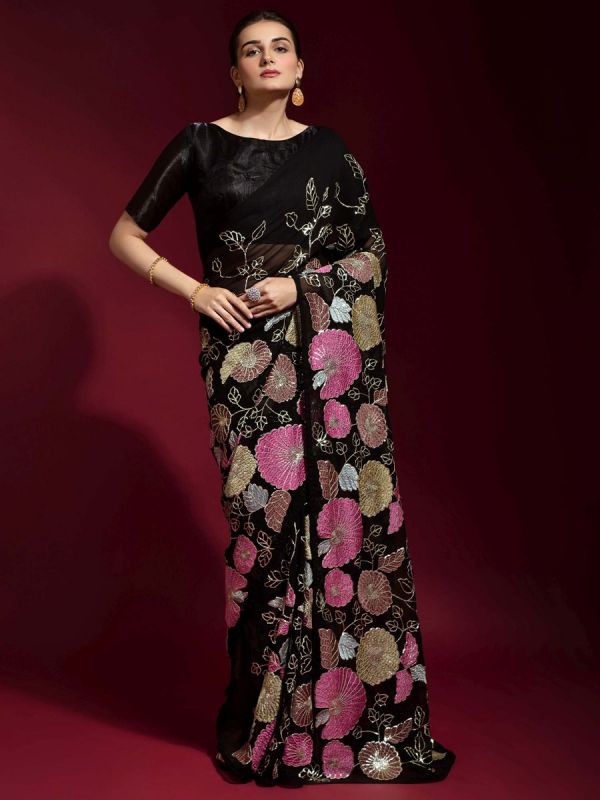 Black Banglori Silk Embroidered Saree