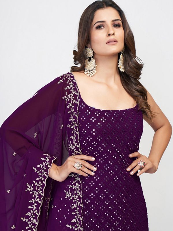 Purple Party Wear Sharara Suit With Mirror Work