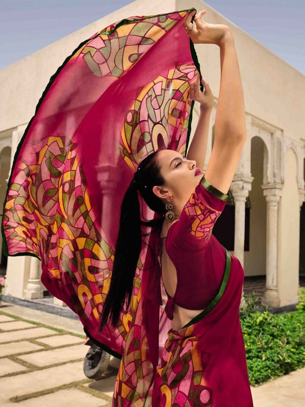 Magenta Casual Wear Printed Georgette Saree