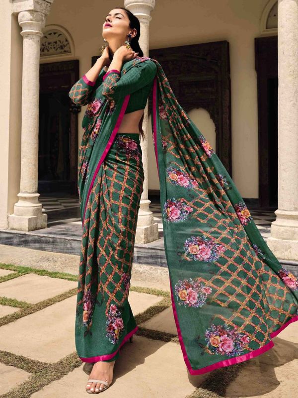 Green Georgette Casual Saree With Digital Prints