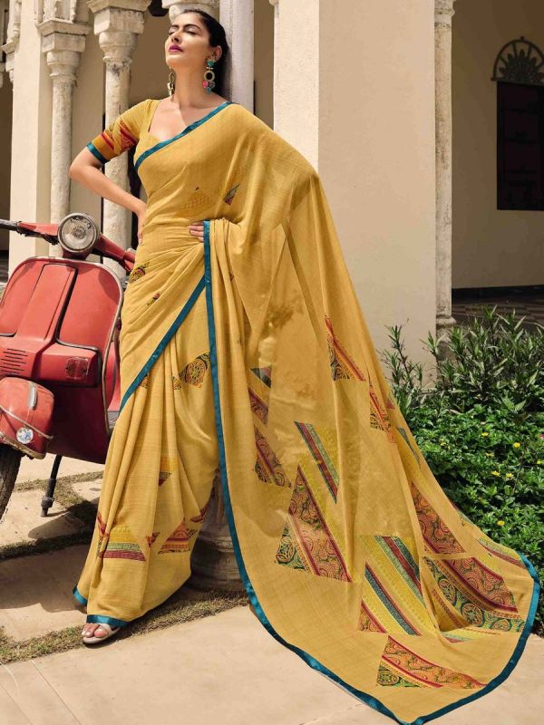 Yellow Printed Georgette Saree With Blouse