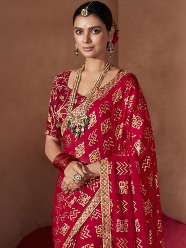 Red Printed Saree With Bandhej Patterns In Chiffon