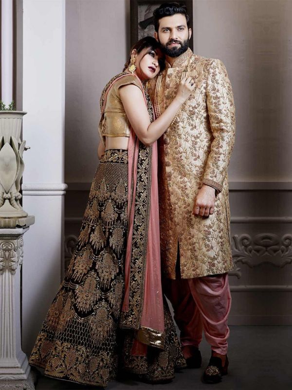 Golden Colour Jacquard Fabric Indian Wedding  Attire For Groom.