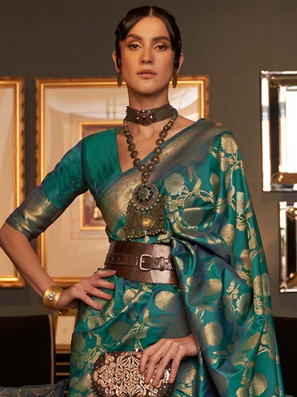 Green Party Wear Saree With Zari Weaves