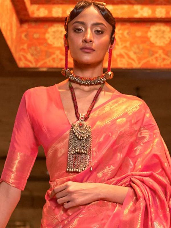 Peach Silk Wedding Saree With Floral Weaves