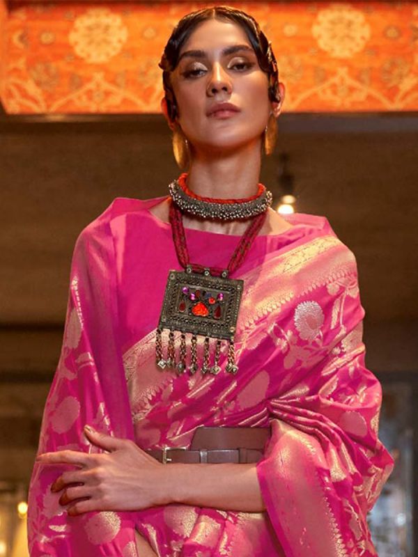 Pink Floral Woven Wedding Saree In Silk