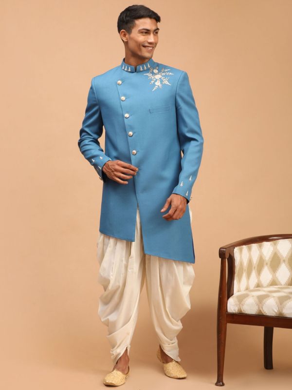 Blue Embroidered Asymmetric Dhoti And Sherwani Set