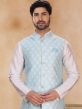 White Party Wear Kurta Pyjama With Woven Jacket