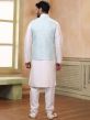 White Party Wear Kurta Pyjama With Woven Jacket