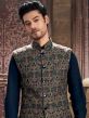 Blue Thread Embroidered Silk Nehru Jacket