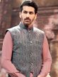 Grey Silk Nehru Jacket With Thread Embroidered