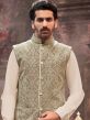 Green Festive Nehru Jacket With Traditional Embroidery