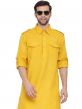 Yellow Festive Pathani Kurta Pyjama In Cotton