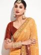 Yellow And Brown Printed Saree In Georgette
