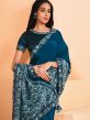 Turquoise Printed Festive Saree In Brasso