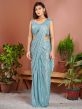 Blue Embroidered Pre-Stitched Saree In Lycra