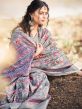Grey Floral Printed Festive Saree In Cotton
