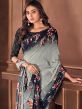 Grey And Black Floral Saree In Georgette