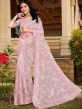 Cream Thread Embroidered Sari In Net