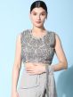 Grey Jacket Style Pre-Stitched Sari In Organza