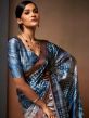 Blue And Brown Printed Sari In Satin