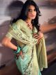 Blue Floral Print Saree In Satin With Woven Blouse