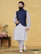 Dupion Silk Men's Kurta Pajama Jacket in Blue Off White Colour.