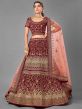 Maroon Colour Velvet Fabric Wedding Lehenga Choli With Thread,Zari Work.