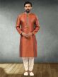 Orange Mens Kurta Pajama in Jacquard,Brocade Silk Fabric.