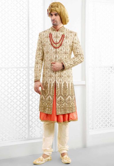 Buy designer sherwani in Cream colour For Men